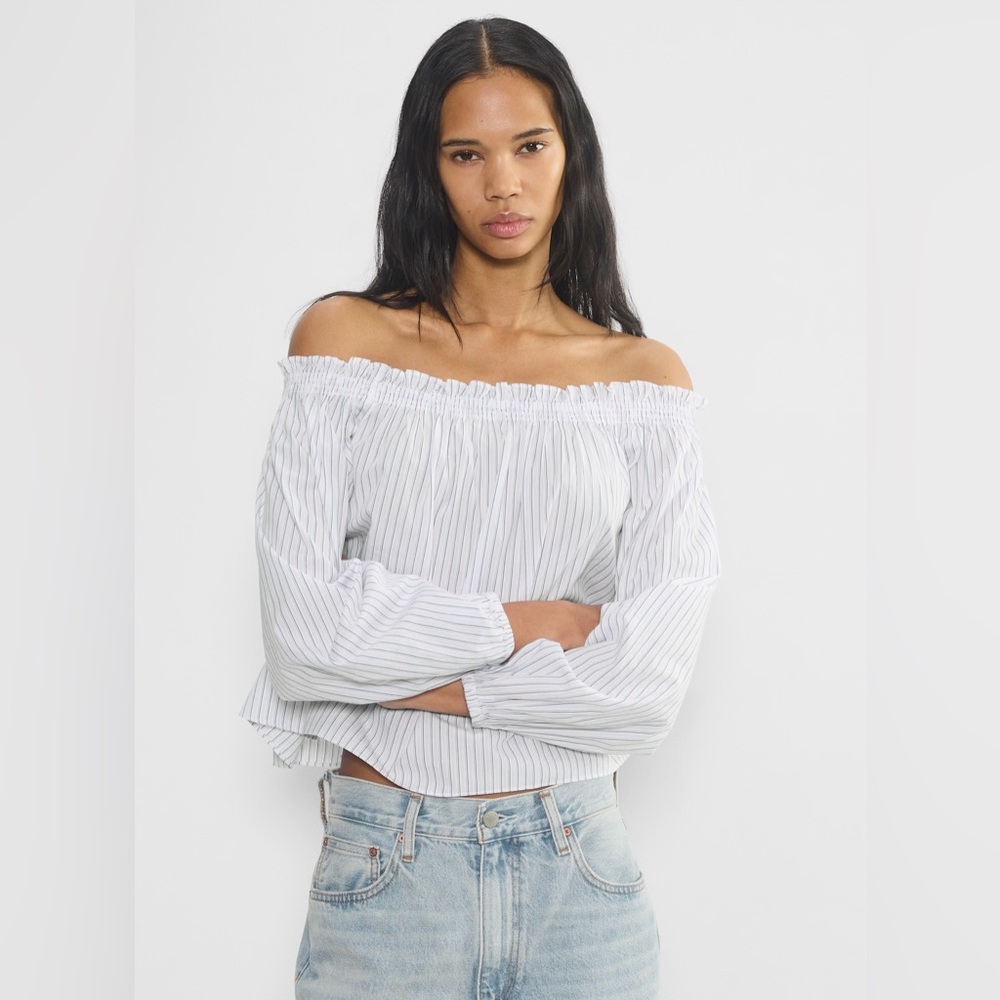 NWT Aritzia Sunday Best Minerva Off The Shoulder Poplin Striped Blouse Sz S